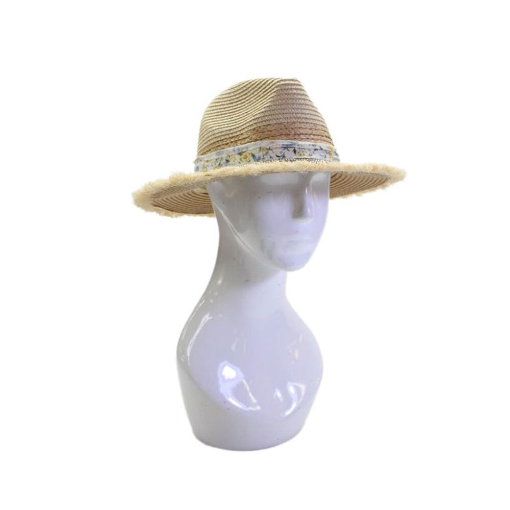 Sweet + Sunday Womens Frayed Edge Beaded Trim Sunhat Beige Multi OS